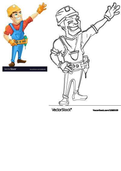 Cartoon of a construction worker wearing a hard hat and overalls, cheerfully waving. Friendly and professional illustration.
