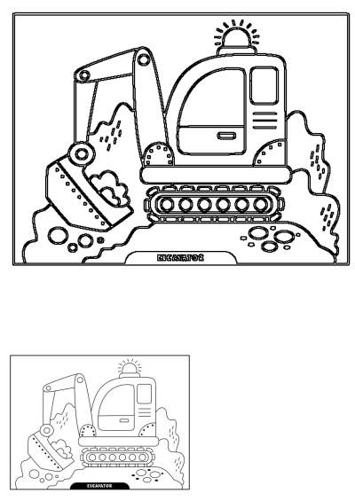 An excavator coloring page for kids. Fun, simple line art of a digger at work, perfect for kids to color and enjoy, developing creativity.