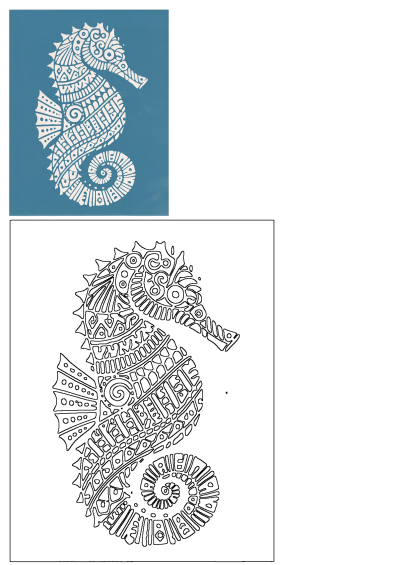 A blue and white seahorse against a light blue background. The seahorse features intricate, decorative patterns and designs on its body.