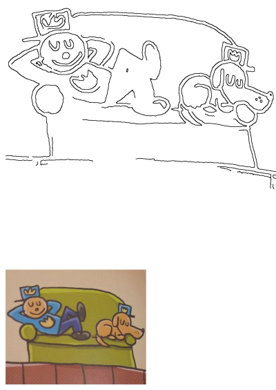 Drawing of a person wearing a police hat, lying relaxed on a green couch with a dog sitting next to him, also wearing a police hat.