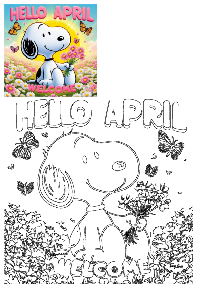 Hello April! Image features Snoopy holding flowers in a field with butterflies flying above. Welcoming spring with charm and joy.