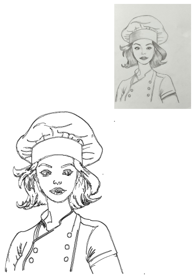 Pencil drawing of a stylish chef woman wearing a toque and uniform. This charming portrait captures a pretty lady baker in classic sketch style.