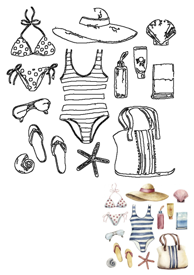 Watercolor painting of beach essentials, showcasing a swimsuit, sun hat, bag, sunglasses, and sandals, perfect for summer vacation.