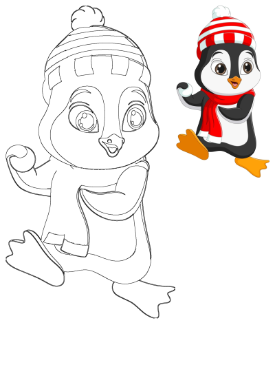 Cartoon penguin wearing a red and white striped hat, scarf, and boots with one foot playfully in the air.  Winter themed illustration.