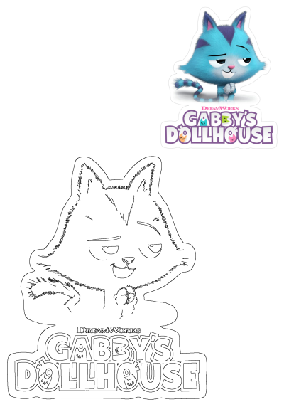 Cartoon character Pandy Paws from Gabby's Dollhouse. This image shows a cute, blue, cartoon cat with the words "Gaby's Dollhouse".