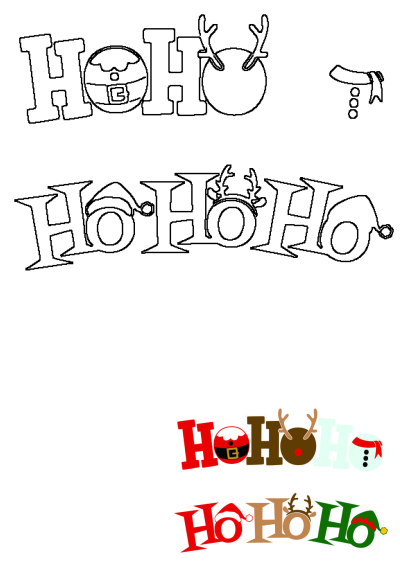 Digital Ho Ho Ho text designs for Christmas projects. Features Santa belt, reindeer, snowman, and elf hat motifs.