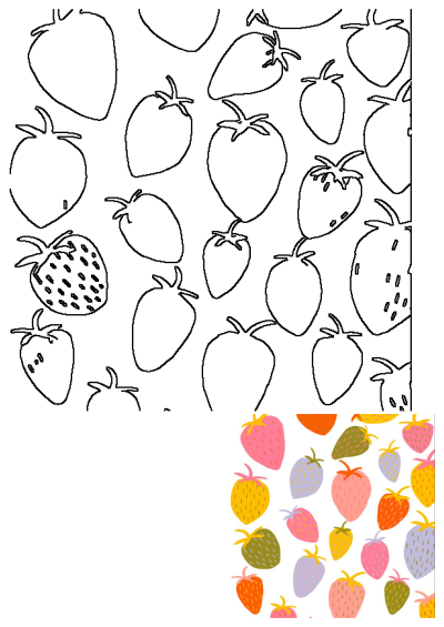 Blooming Bek Art: A vibrant pattern illustration featuring whimsical strawberries in pink, orange, yellow, and purple hues on a white backdrop.