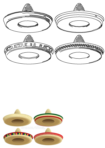 Mexican straw sombrero hat set. Cap vector illustration. Includes plain, Mexican flag, rainbow, and red decorated sombreros.