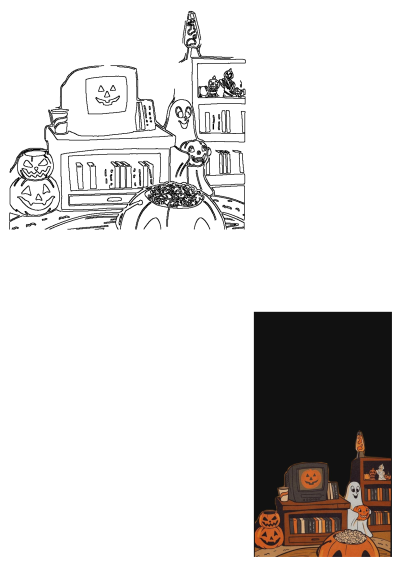 Vintage Halloween illustration featuring a retro TV with a pumpkin face, a friendly ghost holding a jack-o'-lantern, and pumpkin decorations.