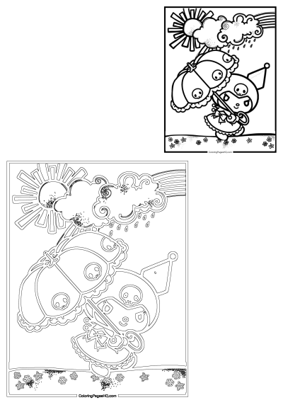 Cartoon character with an umbrella and clouds above it, in a black and white drawing style,perfect for a printable coloring page.