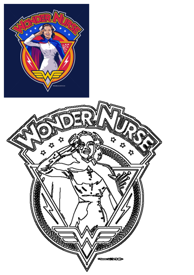 The Wonder Nurse logo displayed on a dark blue t-shirt. Featuring an image of Wonder Nurse, a superhero-inspired tribute to nurses.