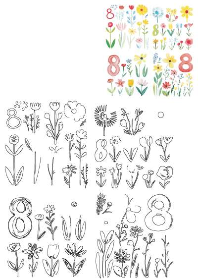 Watercolor drawing of floral elements and number 8 for Women's Day illustration. The numbers and flowers are drawn in watercolor.