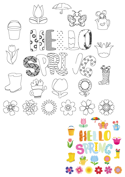 Hello spring surrounded by flowers, umbrella, butterfly, watering can, bucket and boots. Colorful and cheerful, perfect for spring.