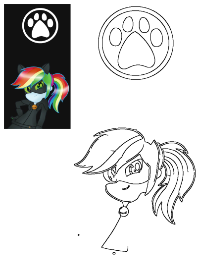 Image of a cat with a rainbow mane and a paw in the background. Features a stylized character with a black cat suit, rainbow hair, and paw print.