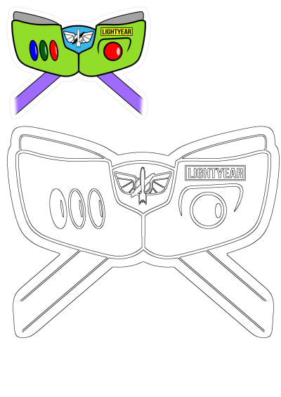 Cartoon image of Buzz Lightyear glasses from Toy Story, featuring his iconic color scheme, logo, and purple arms.  