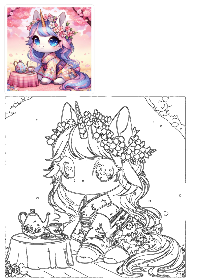 Adorable chibi unicorn with pastel hair and sparkling blue eyes, wearing a floral kimono, enjoys a tea party under cherry blossoms.