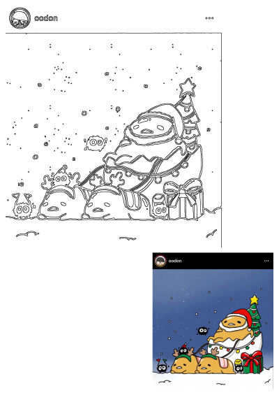 Animated christmas scene with Santa Claus Gudetama in a cracked egg sleigh pulled by Gudetama reindeer and accompanied by dust bunnies.