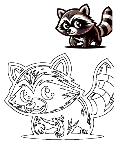 Cartoon of an adorable raccoon standing. The raccoon is standing on its hind legs, and has big, bright eyes and a friendly expression.