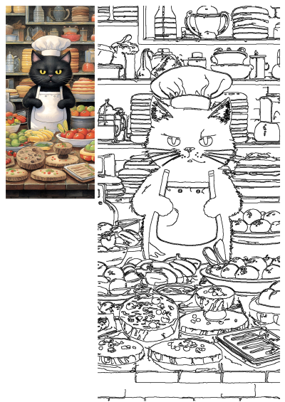 A black cat wearing a chef's hat and apron stands behind a counter laden with fresh food in a charming, whimsical kitchen setting.