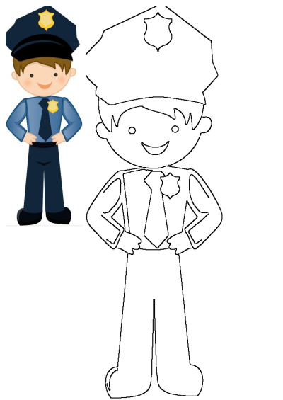 Cartoon police officer standing with his hands on his hips and arms behind his back. A cheerful illustration of a law enforcement officer.