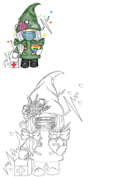 A green gnome with a face mask and medical supplies on his chest, holding a heart. The heart has rainbow colors and the text NHS.