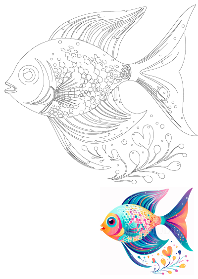 A vibrant and artistic illustration of a colorful fish, its body adorned with bubble-like patterns, swimming in a whimsical underwater scene.