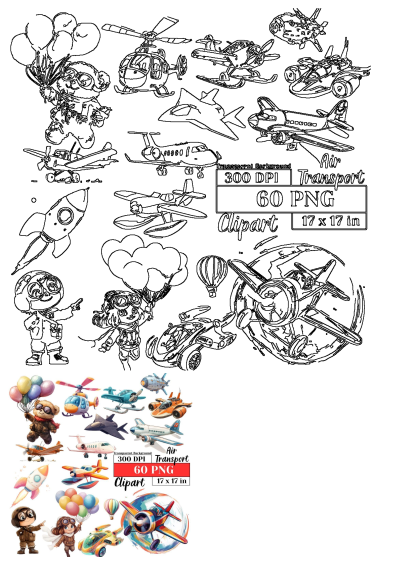 An image of different types of airplanes and balloons, from vintage planes to modern jets, plus hot air balloons and a fun rocket. 