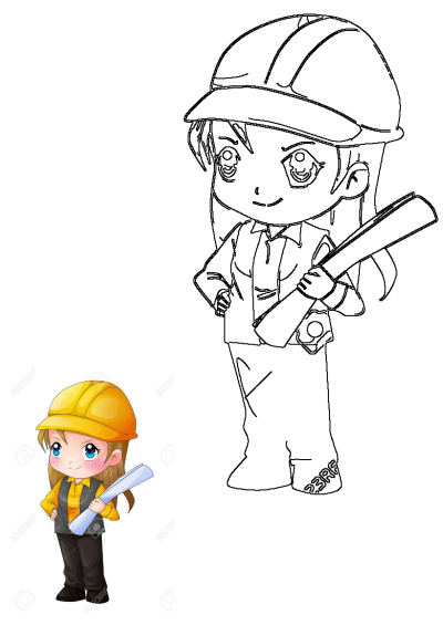 Cute cartoon of a female engineer wearing a yellow hard hat and holding a blueprint. Represents women in engineering and construction.