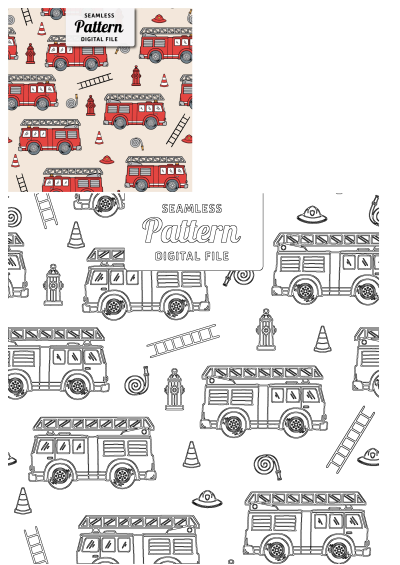 Seamless pattern with firetruck, fire hose, helmet, cone, ladder and hydrant design, perfect for any fire safety related project.