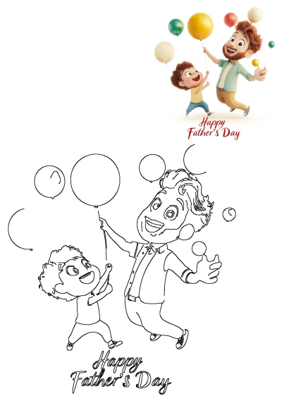 A happy Father's Day greeting with balloons featuring a cartoon father and son happily playing with colorful balloons, celebrating the special day.