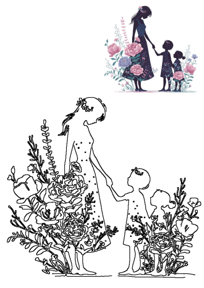 Illustration of a woman and two children holding hands, surrounded by pink and blue flowers against a white background. Motherhood and family.