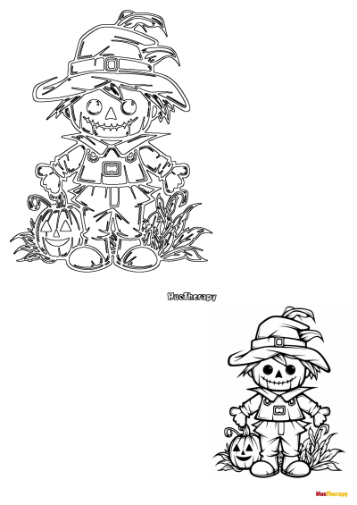 A free printable Halloween coloring page for kids featuring a cute scarecrow with a pumpkin. Perfect for Halloween themed activities.