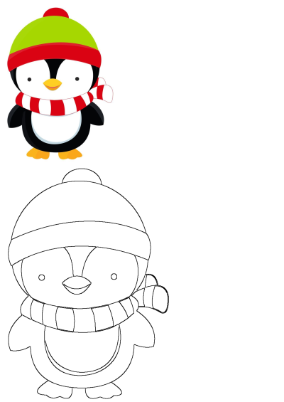 Cute penguin wearing a festive green and red hat, complete with a cozy red and white striped scarf for winter warmth.