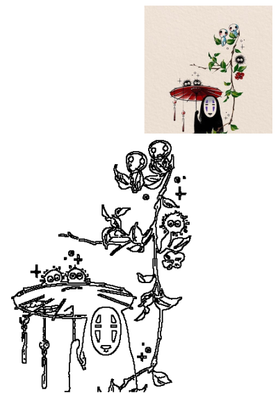 Spirited Away inspired art featuring No-Face holding an umbrella, Kodama spirit creatures, and soot sprites, a whimsical animation fan art.