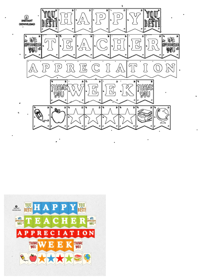 Happy Teacher Appreciation Week banner,featuring colorful pennants with inspiring messages, pencil,apple,stars,books and a globe. Print it at home!