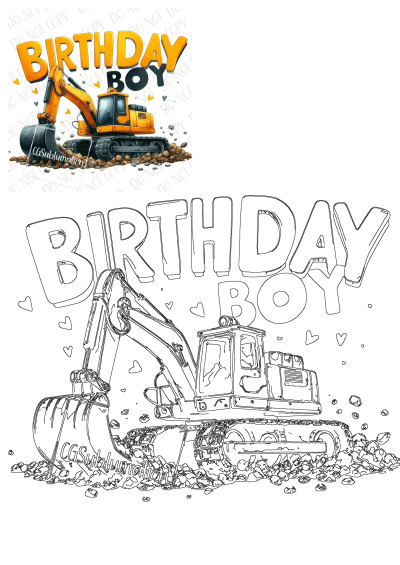 A birthday card features a vibrant illustration of a bulldozer, conveying the message 'Happy Birthday Boy' with a playful design. 