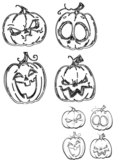 Cartoon illustration of four Halloween pumpkin jack-o'-lanterns with different expressions, perfect for coloring or crafting. Line art style.