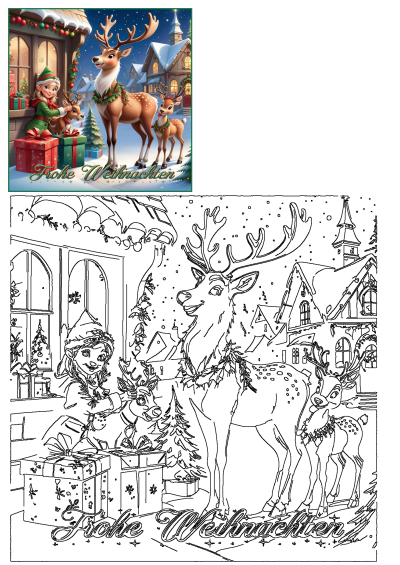 Festive Christmas scene with an elf petting a baby reindeer, an adult reindeer, and gifts in a snowy village, with 'Frohe Weihnachten' text.