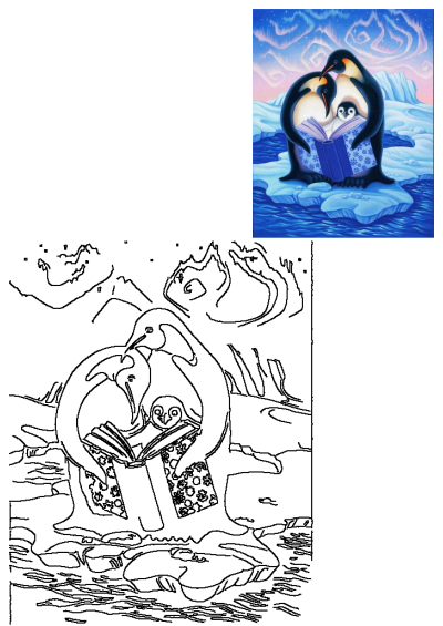 Two penguins and their baby penguin sit on an ice floe, reading a book together in this charming illustration of family time.