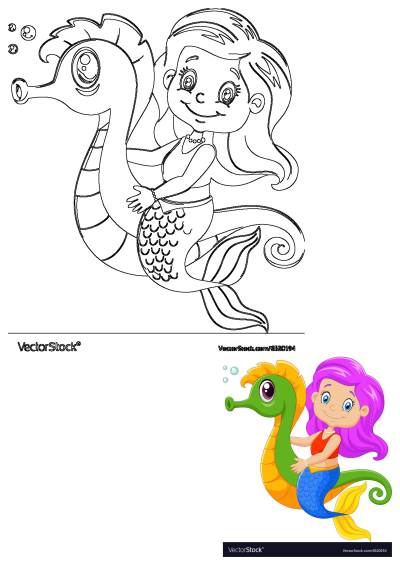 Cartoon little mermaid with pink hair riding a green seahorse. Clip art image, editable stock photo of a cute fantasy sea creature scene.