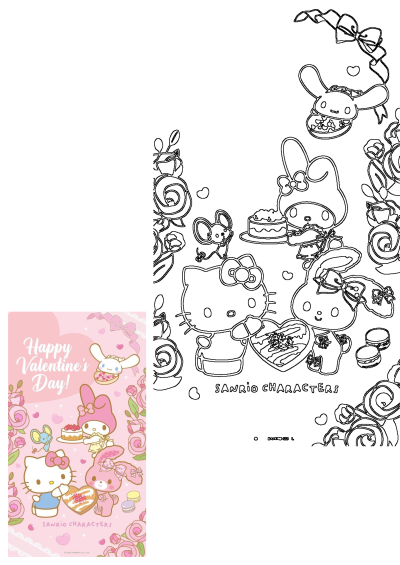 Hello Kitty Valentine's Day card featuring Sanrio cartoon characters, pink flowers and sweet treats for a lovely celebration.