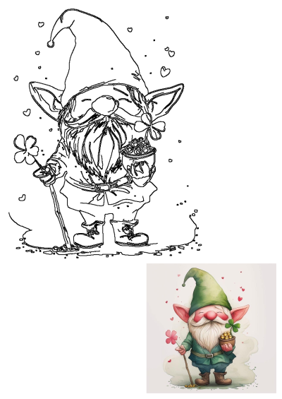 Illustration of a happy gnome holding a pot of gold coins and clovers. A lucky charm for St. Patrick's Day!