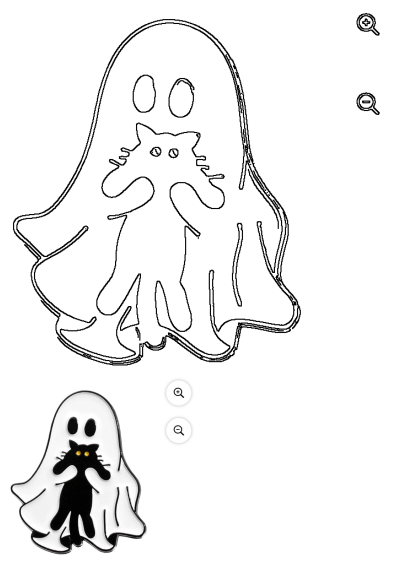 A white ghost figure with a black cat clinging to it, creating a cute and spooky Halloween image. A black and white ghost with a cat on its back.
