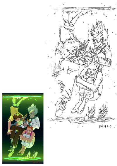 Rick and Morty cartoon fan art showing Rick, Morty, Summer, and Beth flying through a green portal with their arms around each other. 