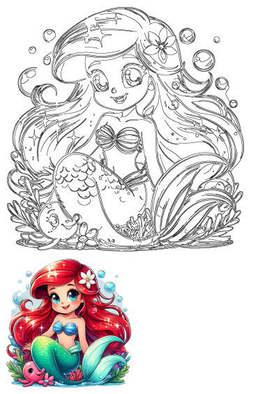 Charming cartoon image of Ariel the mermaid with bright red hair, a playful octopus, and shimmering bubbles, for children's illustrations.