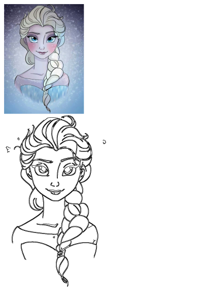 Artwork of a frozen princess with blue eyes, featuring Elsa with her signature blonde braid and icy blue dress in a dreamy, snowy setting.