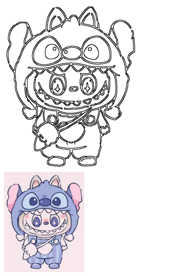 Adorable cartoon figure wearing a Stitch onesie. Anime-style drawing with big eyes and overalls. Charming character design. 