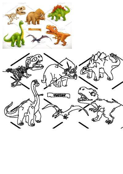 Cartoon dinosaurs collection featuring a skeleton, triceratops, stegosaurus, long neck, pterodactyl, and T-Rex, showing different body parts.