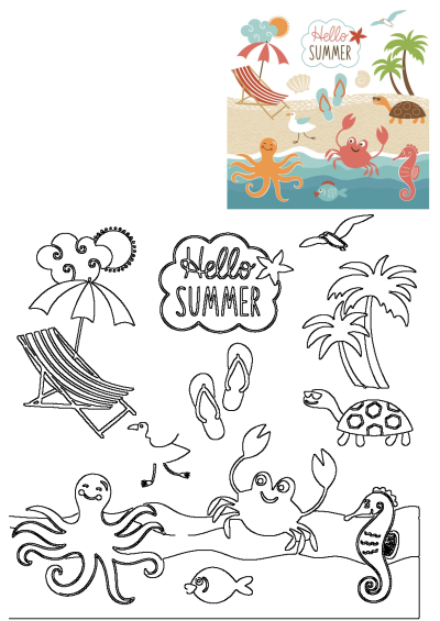 An ocean scene with octopus, crab, seagulls, and palm trees creating a playful summer beach vibe. Perfect for vacation themes.
