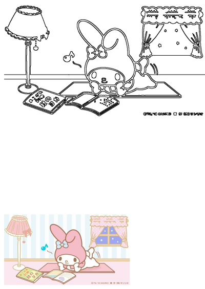 My Melody cartoon character laying on a pink rug next to a lamp and book. Cute Sanrio illustration featuring relaxation and leisure.